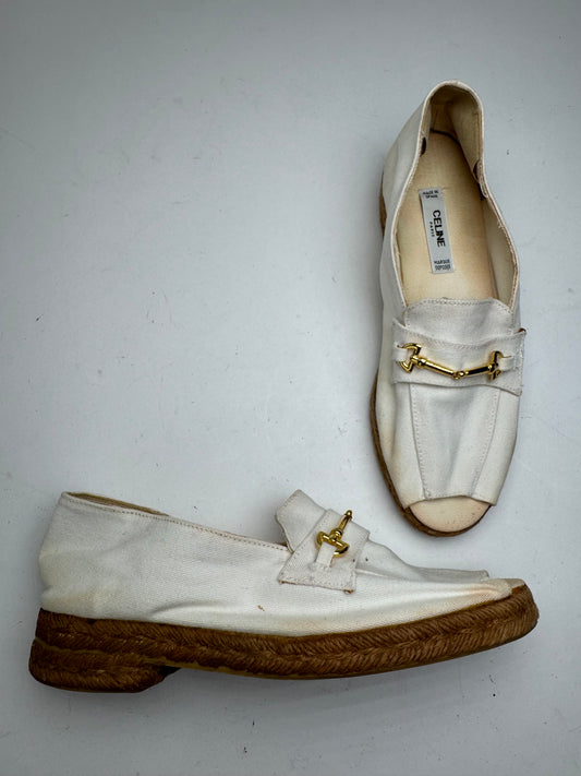 Vintage Celine Paris Cord canvas Open Toe Loafer white 38