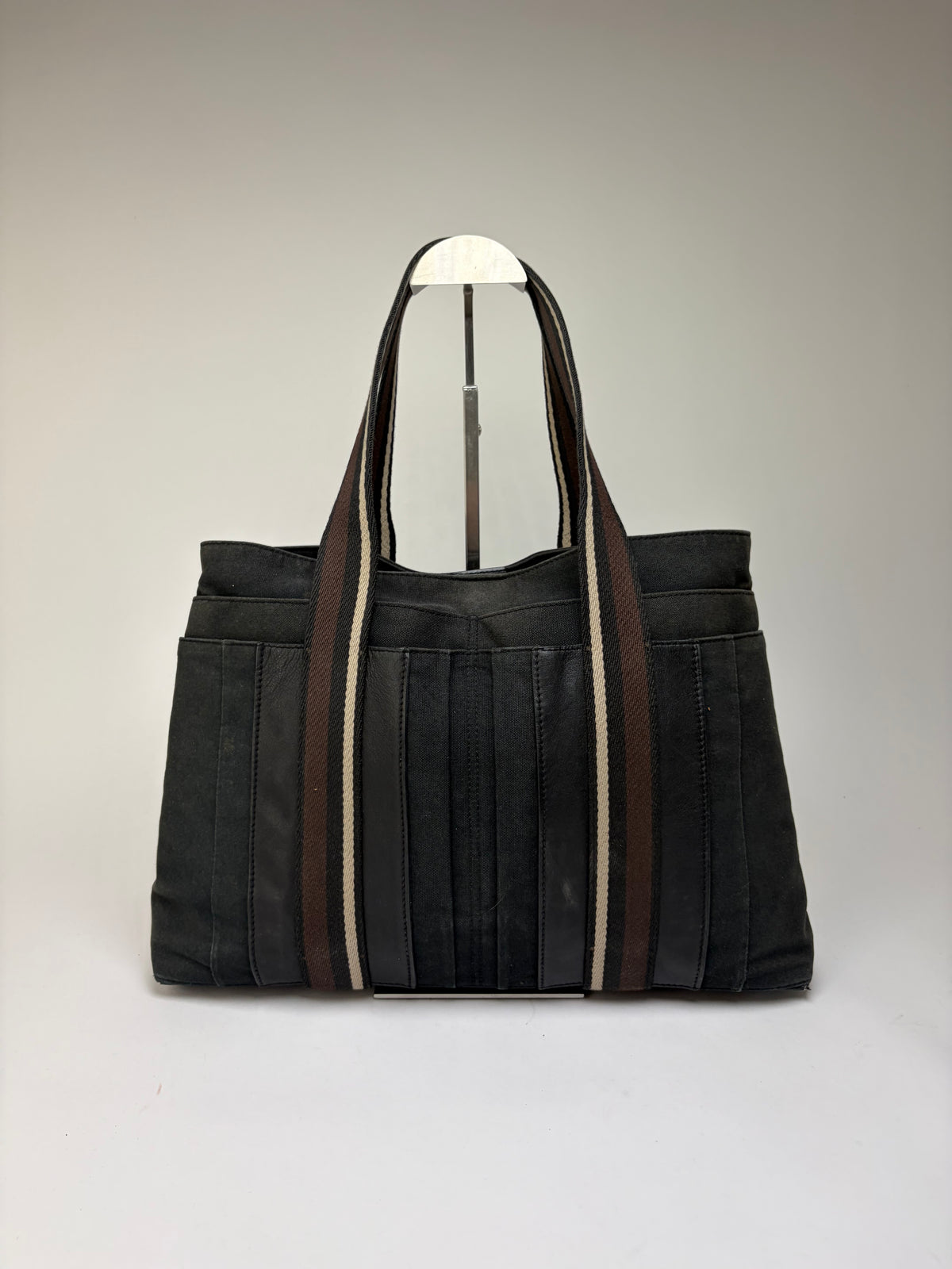 Vintage Hermes Canvas Leather Trim Tote Black Silver