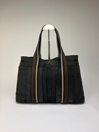 Vintage Hermes Canvas Leather Trim Tote Black Silver