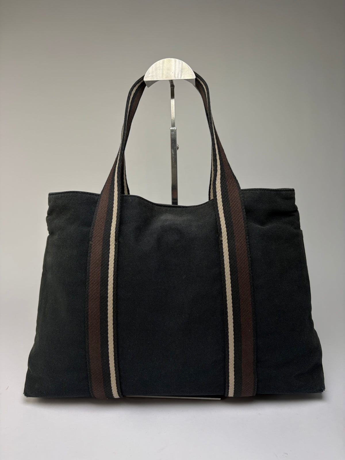 Vintage Hermes Canvas Leather Trim Tote Black Silver