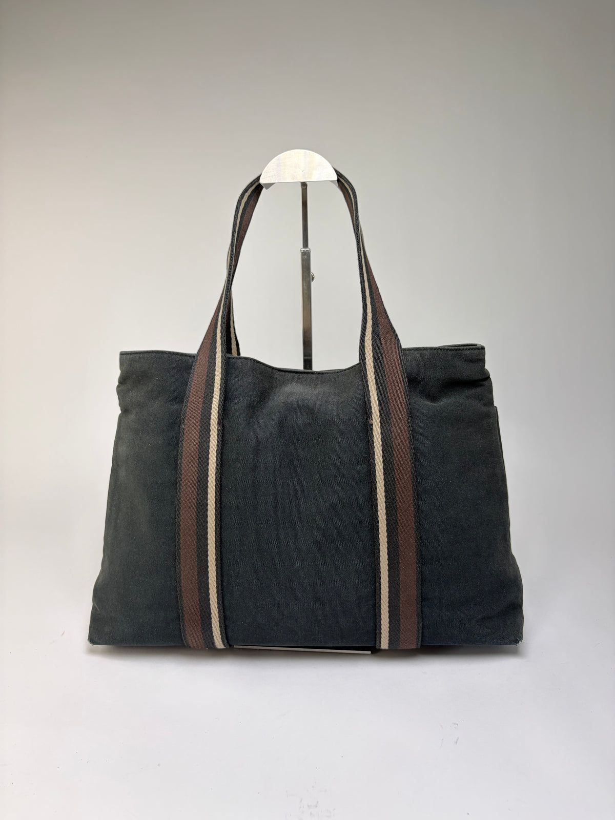 Vintage Hermes Canvas Leather Trim Tote Black Silver