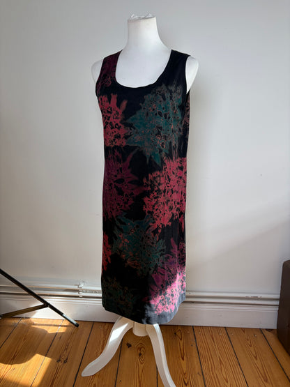 Vintage Issey Miyake Cotton Floral Midi Dress Black Teal Burgundy M