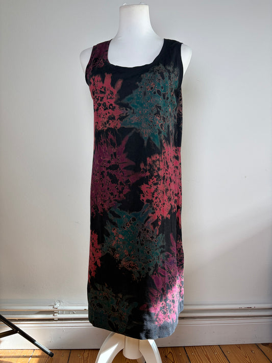 Vintage Issey Miyake Cotton Floral Midi Dress Black Teal Burgundy M