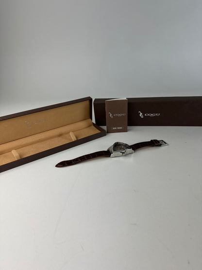 Vintage Cogu Leather Strap Bracelet Watch Brown Silver