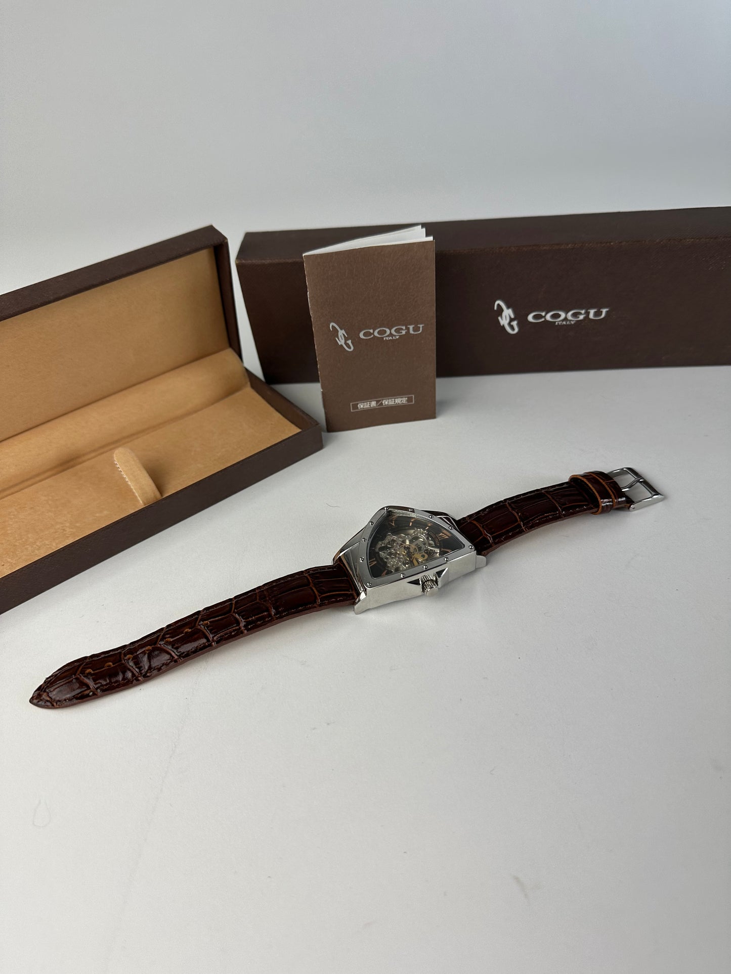 Vintage Cogu Leather Strap Bracelet Watch Brown Silver