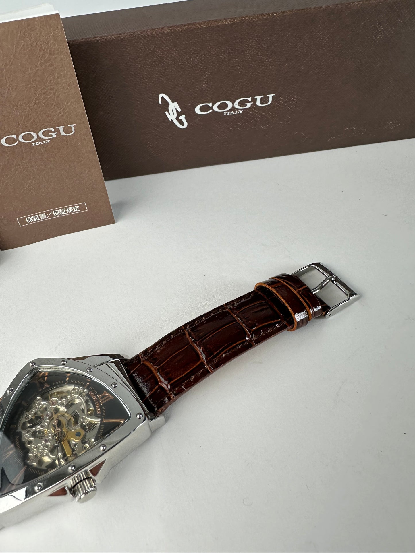 Vintage Cogu Leather Strap Bracelet Watch Brown Silver