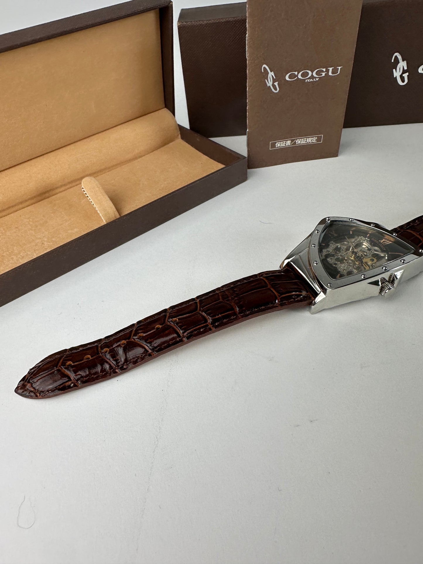 Vintage Cogu Leather Strap Bracelet Watch Brown Silver