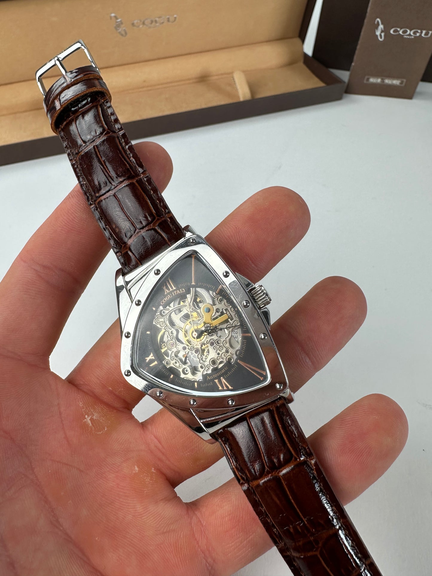 Vintage Cogu Leather Strap Bracelet Watch Brown Silver