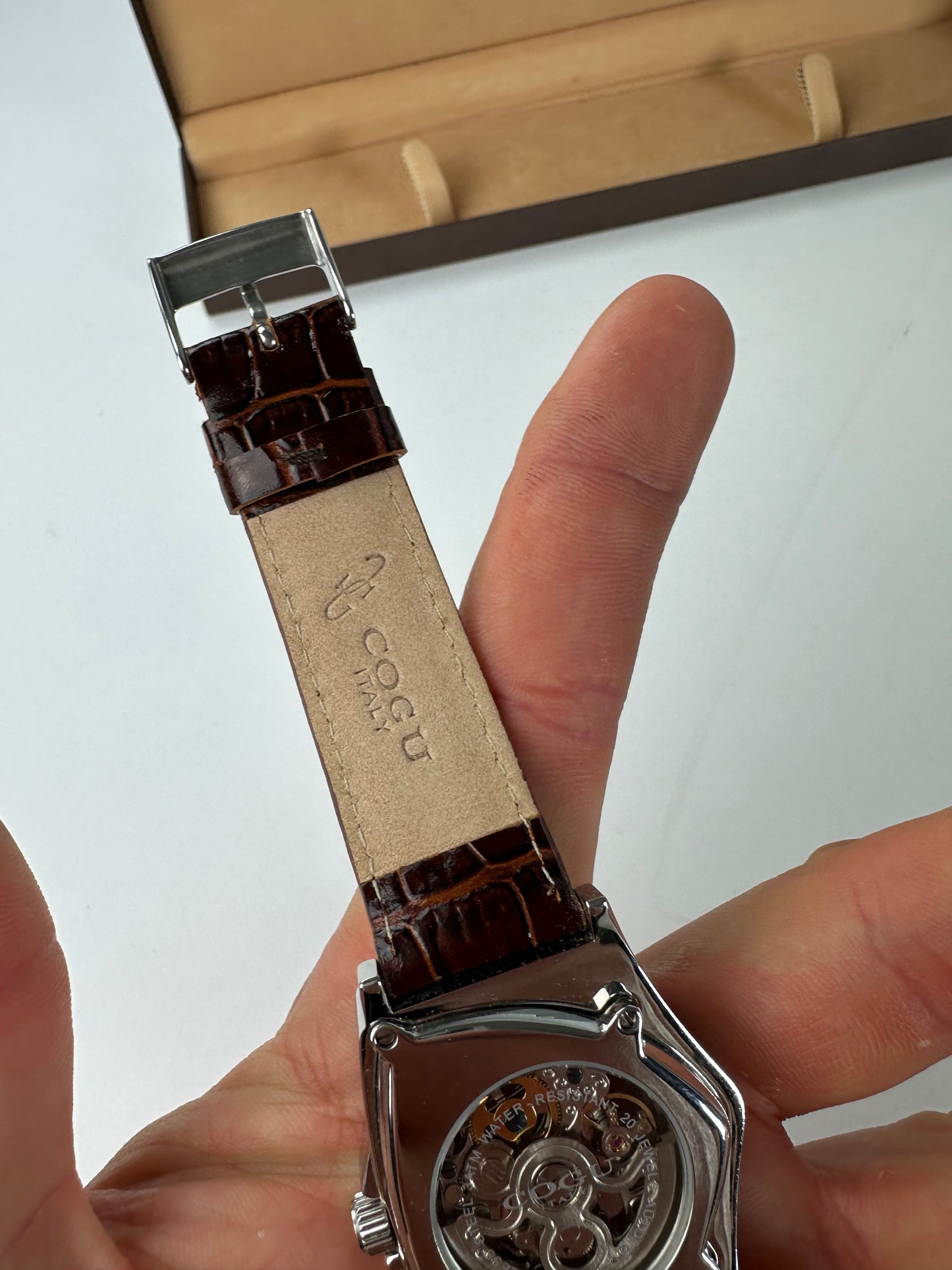 Vintage Cogu Leather Strap Bracelet Watch Brown Silver