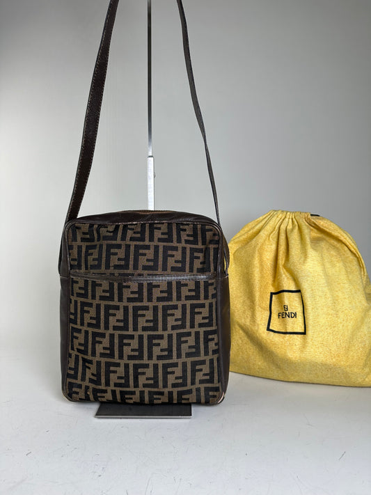 Vintage Fendi FF Monogram Canvas Shoulder Bag Brown Beige