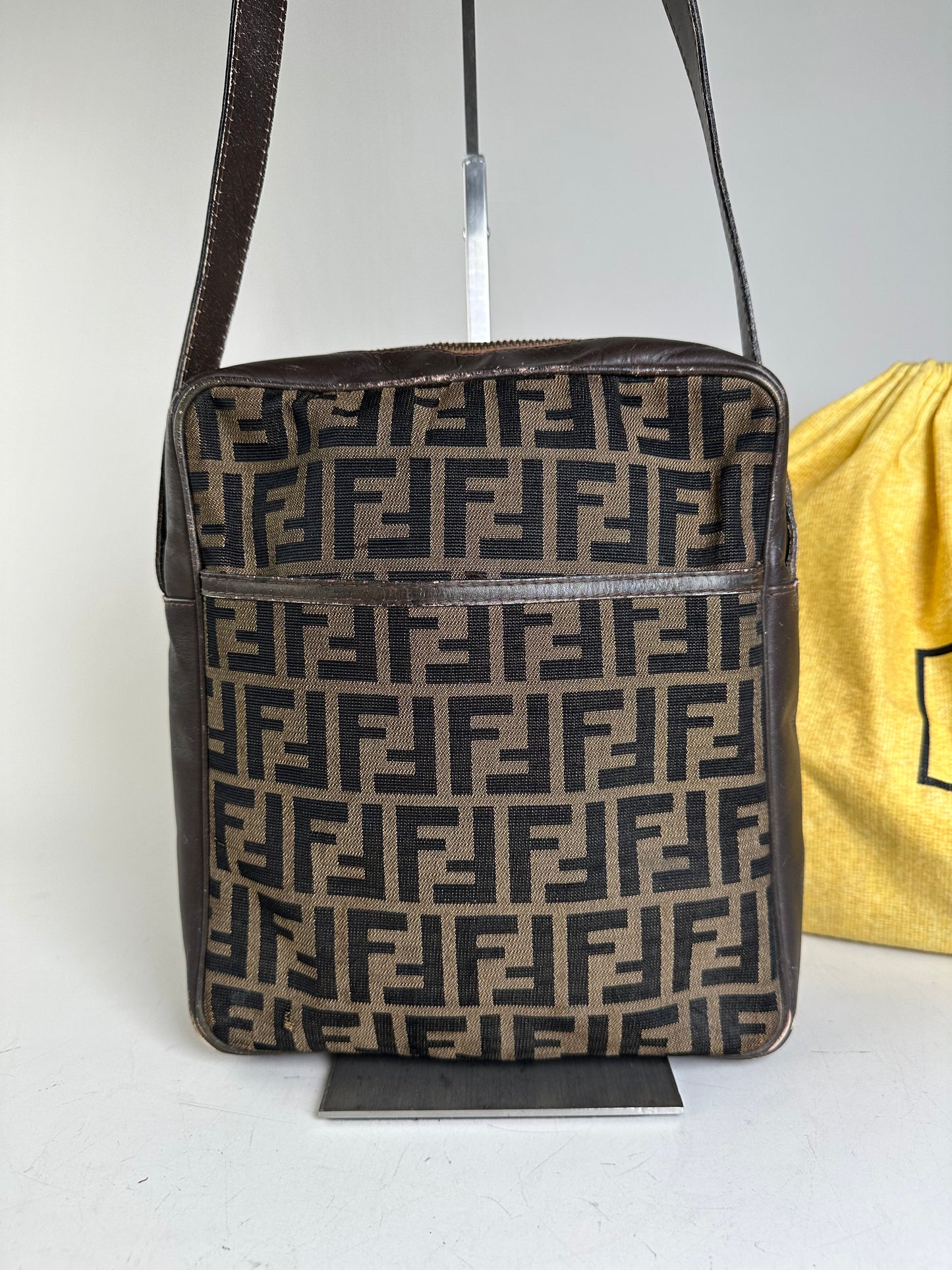 Vintage Fendi FF Monogram Canvas Shoulder Bag Brown Beige