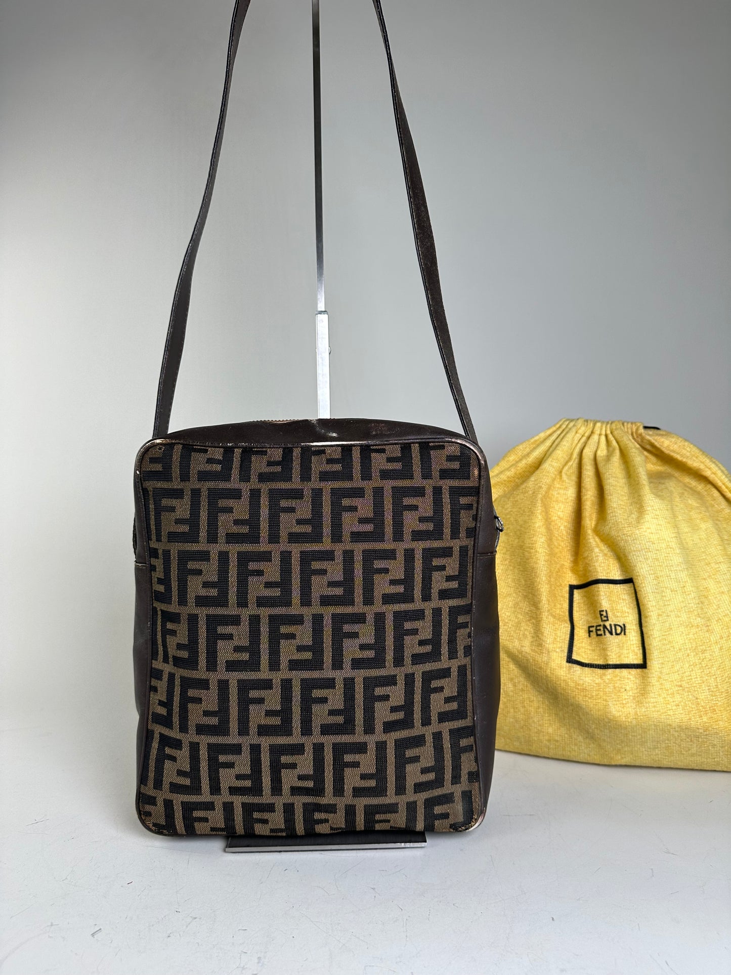 Vintage Fendi FF Monogram Canvas Shoulder Bag Brown Beige