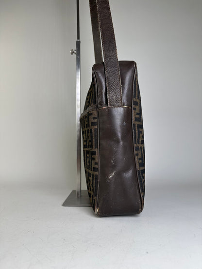 Vintage Fendi FF Monogram Canvas Shoulder Bag Brown Beige