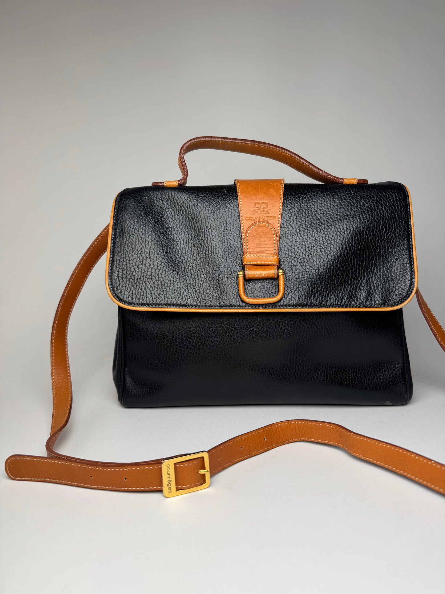 Vintage Courreges 2Way Leather Bag Black Brown