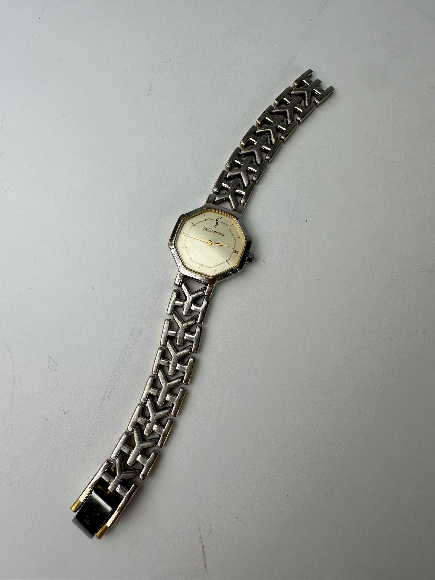 Vintage YSL Stainless Steel Bracelet Watch Silver Gold