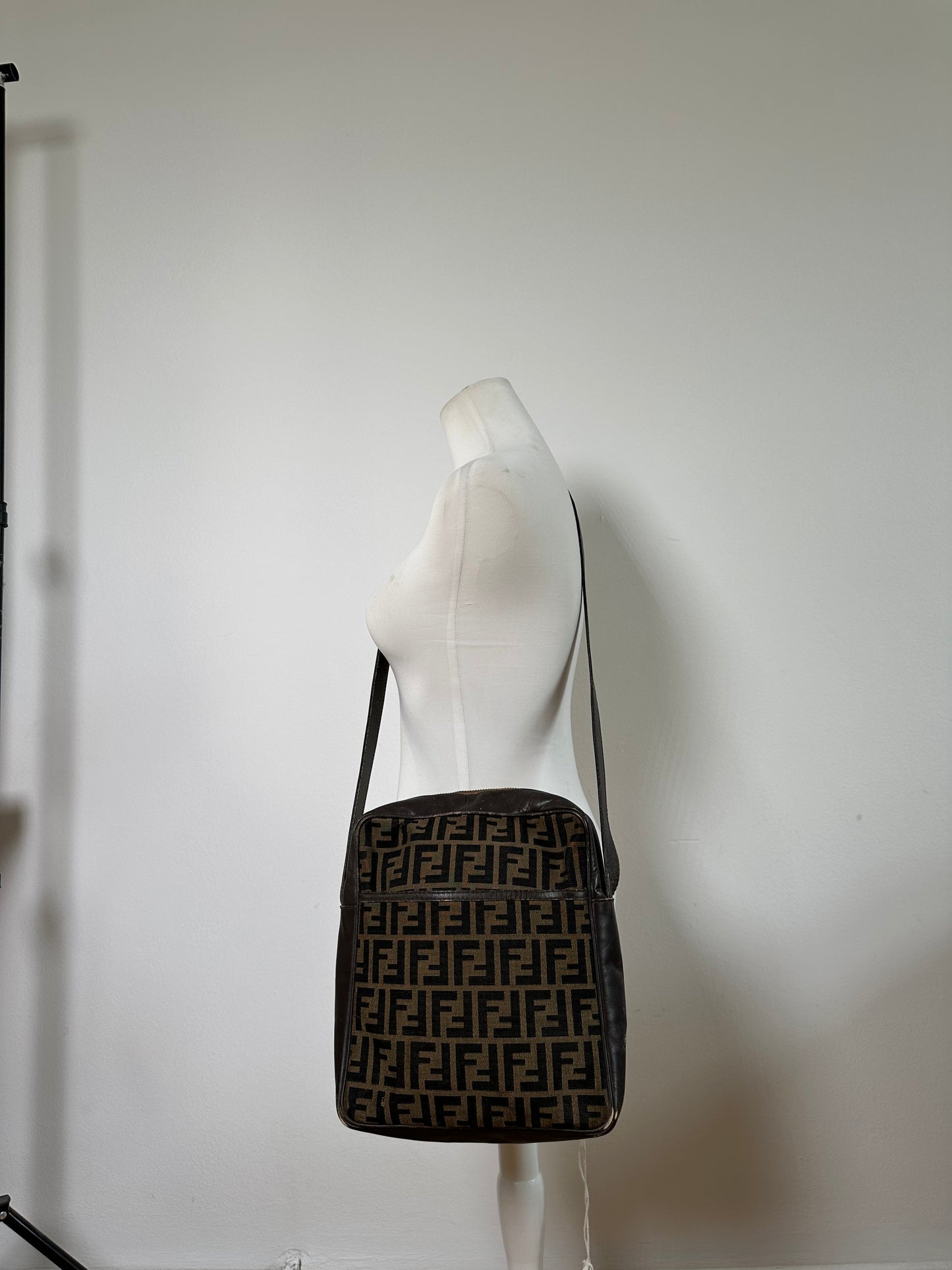 Vintage Fendi FF Monogram Canvas Shoulder Bag Brown Beige