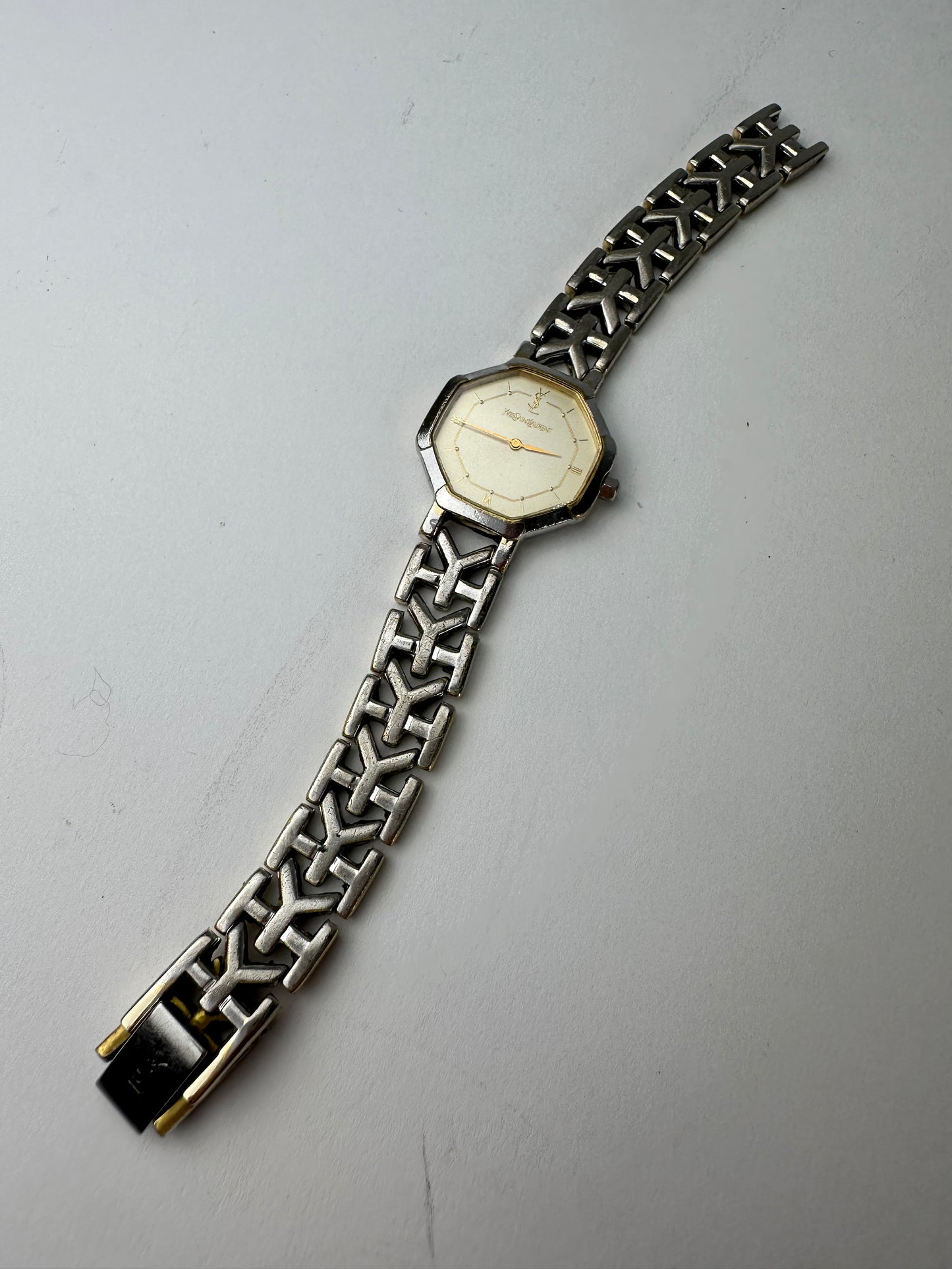 Vintage YSL Stainless Steel Bracelet Watch Silver Gold