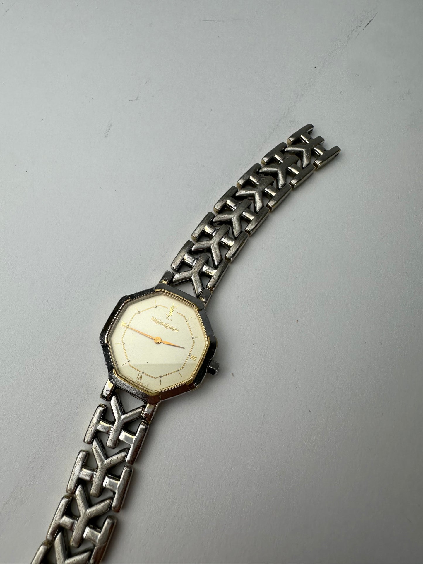 Vintage YSL Stainless Steel Bracelet Watch Silver Gold
