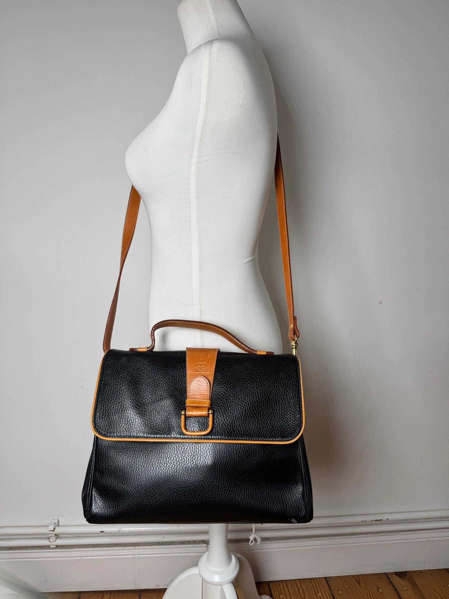Vintage Courreges 2Way Leather Bag Black Brown