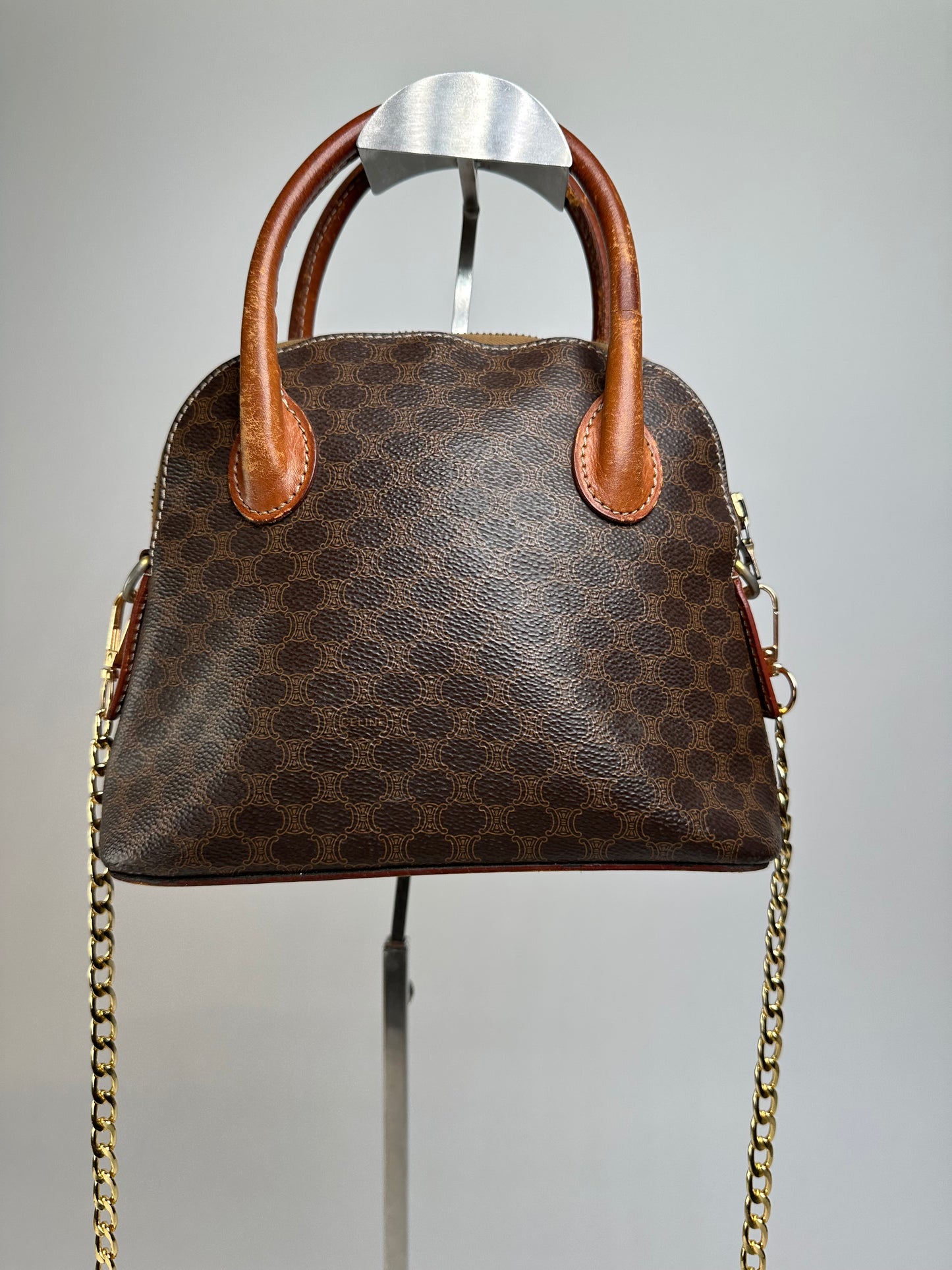 Vintage Celine Macadam Canvas Shoulder Bag Brown Tan