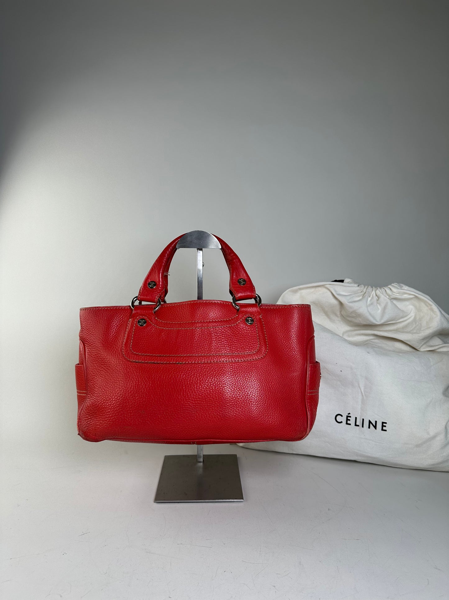Vintage Celine Textured Leather Tote Red Silver