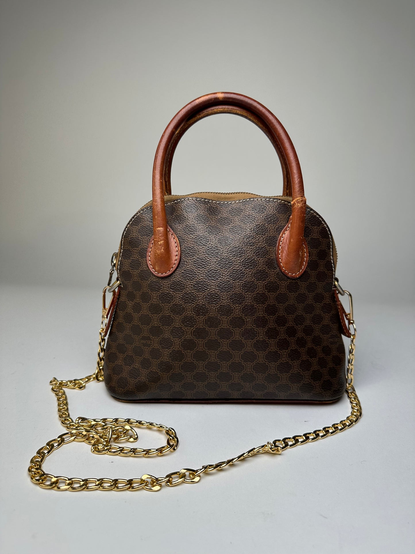 Vintage Celine Macadam Canvas Shoulder Bag Brown Tan