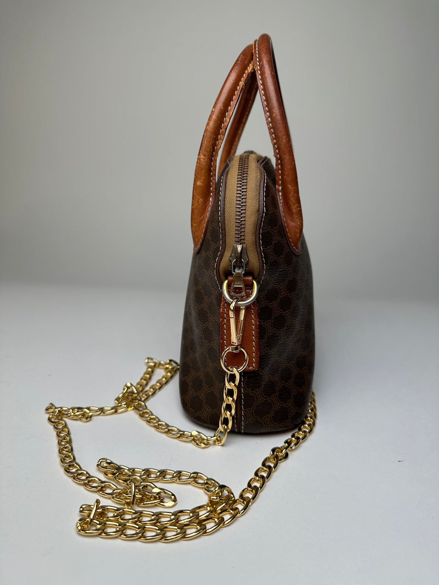 Vintage Celine Macadam Canvas Shoulder Bag Brown Tan
