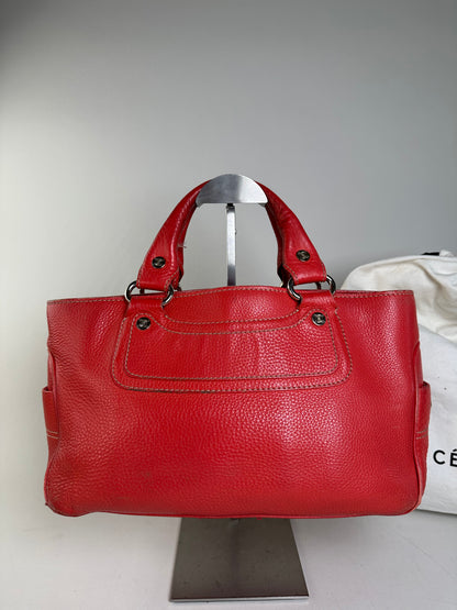 Vintage Celine Textured Leather Tote Red Silver