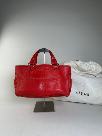 Vintage Celine Textured Leather Tote Red Silver