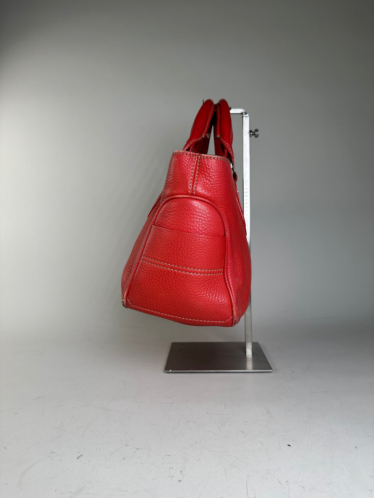 Vintage Celine Textured Leather Tote Red Silver
