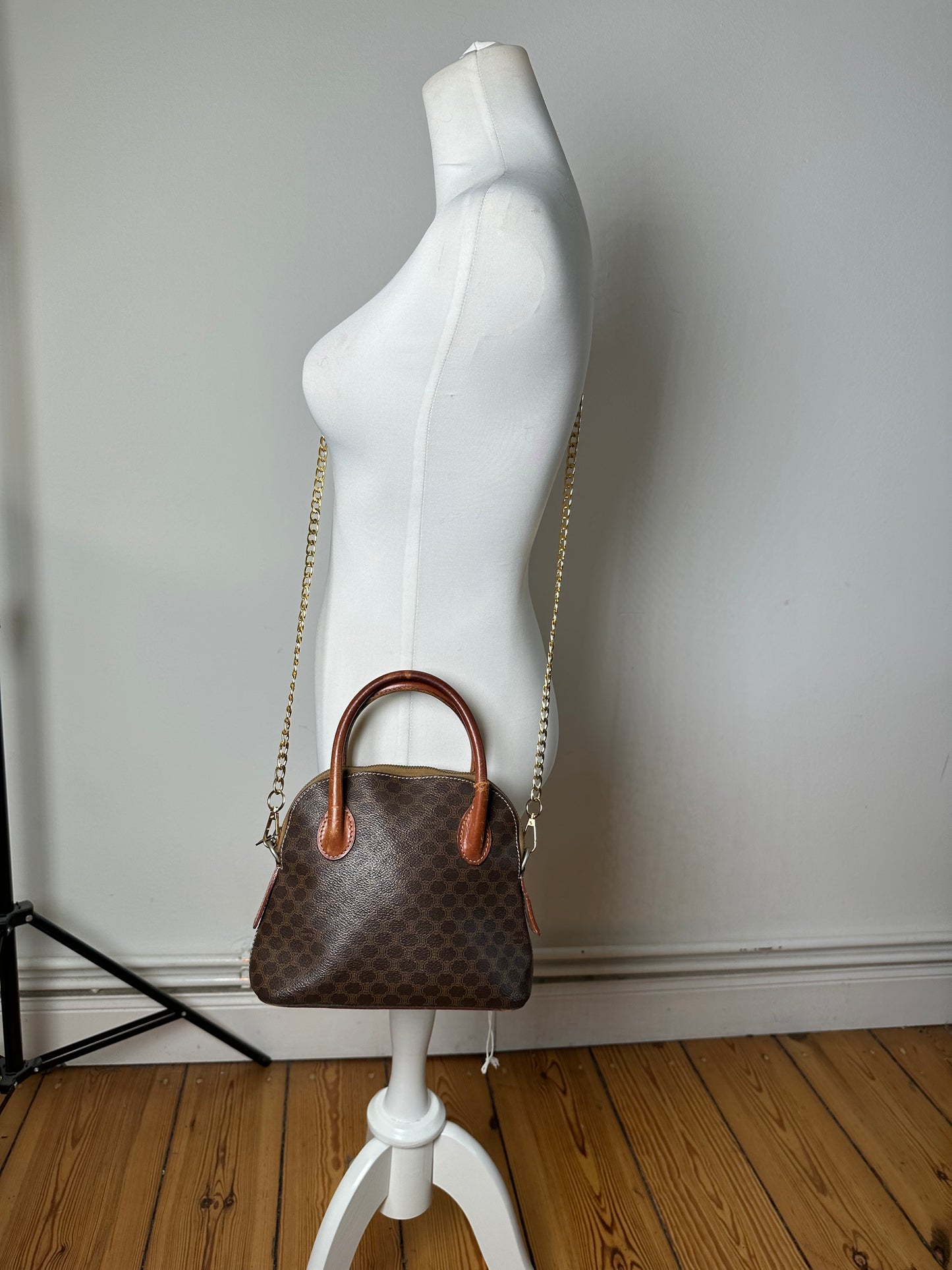 Vintage Celine Macadam Canvas Shoulder Bag Brown Tan