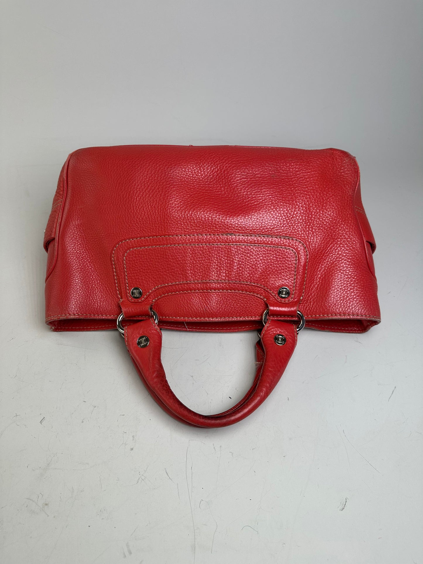 Vintage Celine Textured Leather Tote Red Silver