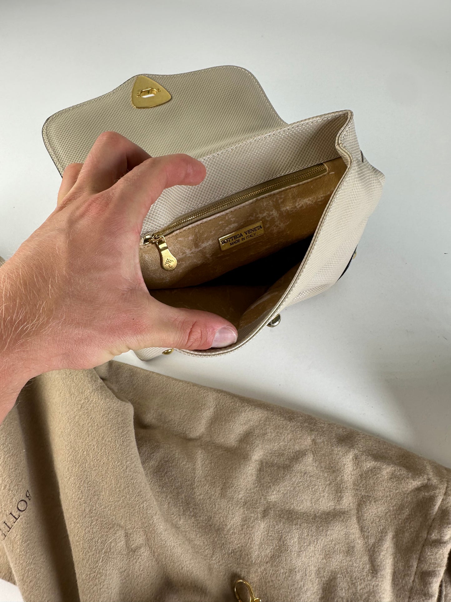 Vintage Bottega Veneta Woven Leather Shoulder Bag Cream Gold