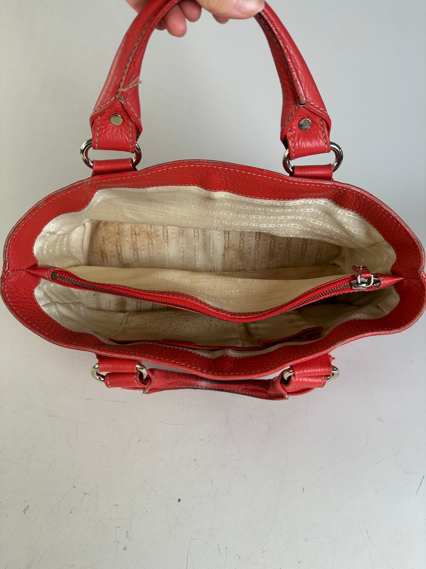 Vintage Celine Textured Leather Tote Red Silver