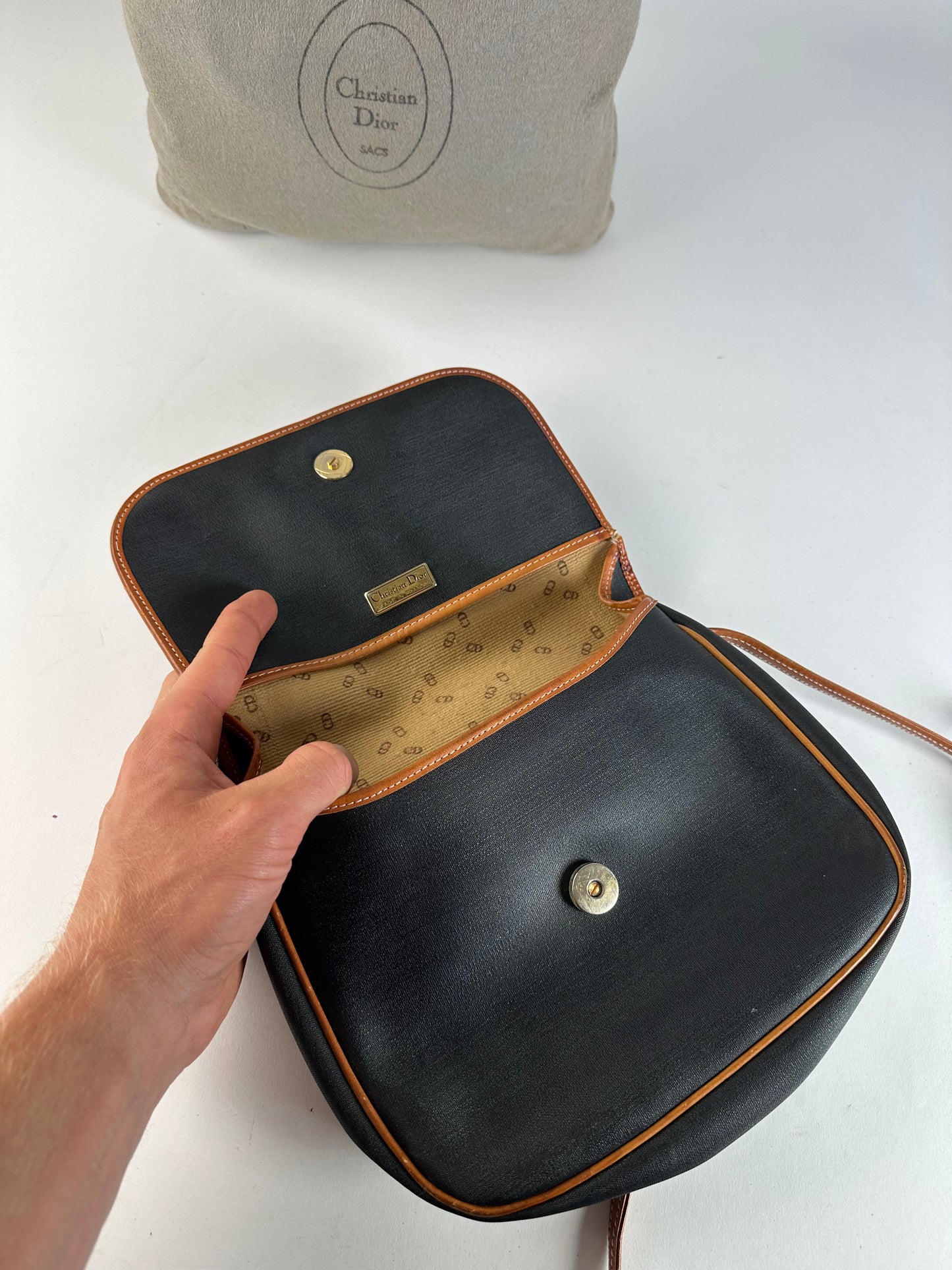 Vintage Dior Canvas Leather Shoulder Bag Black Tan