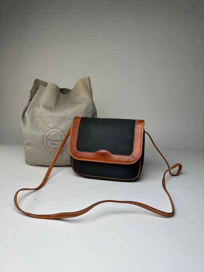 Vintage Dior Canvas Leather Shoulder Bag Black Tan