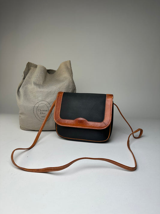Vintage Dior Canvas Leather Shoulder Bag Black Tan