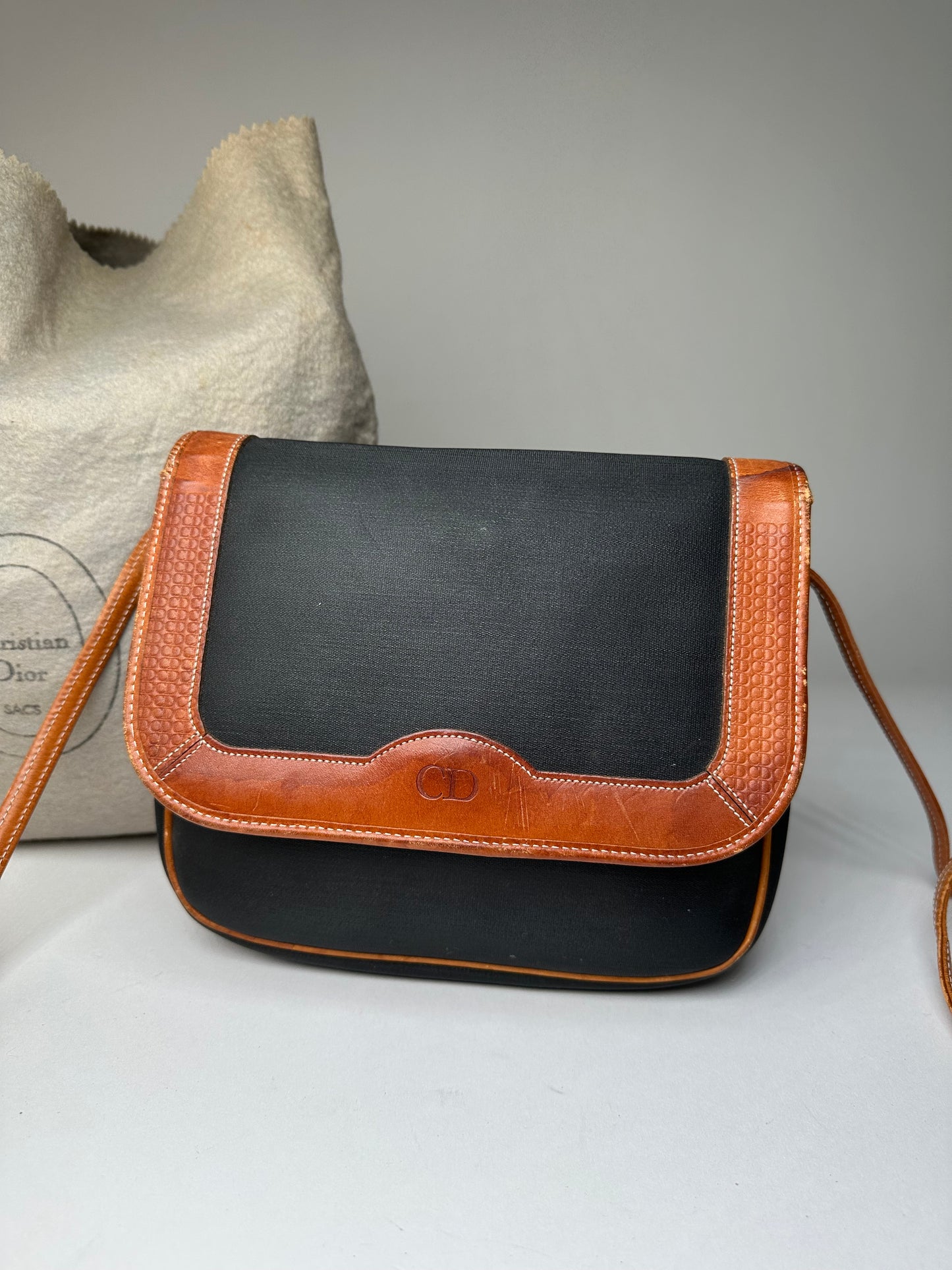 Vintage Dior Canvas Leather Shoulder Bag Black Tan