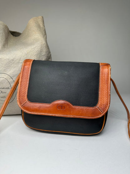 Vintage Dior Canvas Leather Shoulder Bag Black Tan