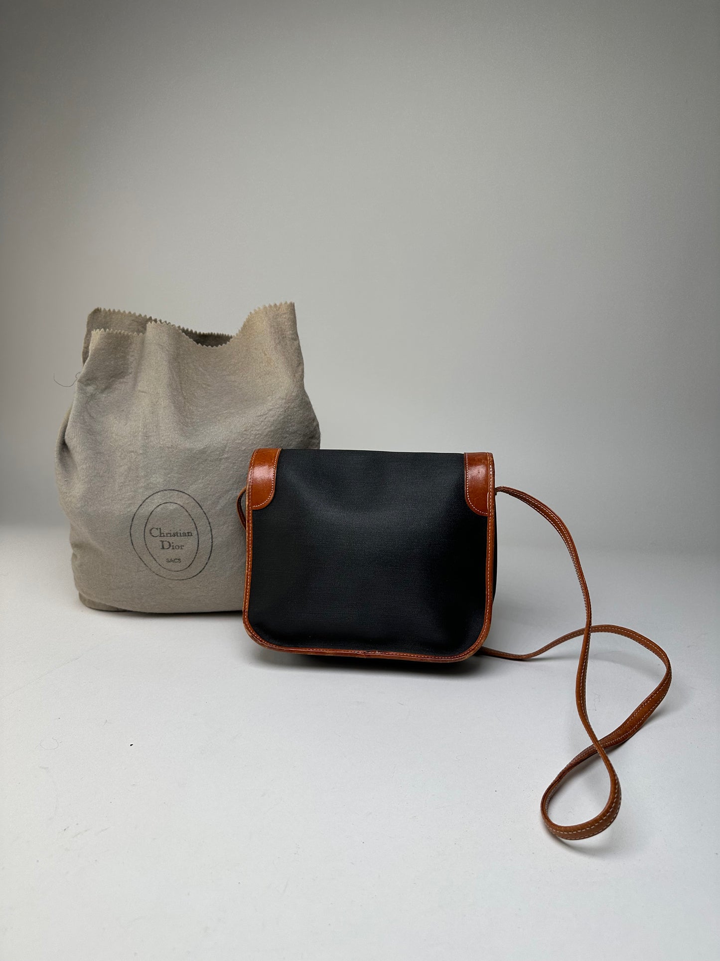 Vintage Dior Canvas Leather Shoulder Bag Black Tan