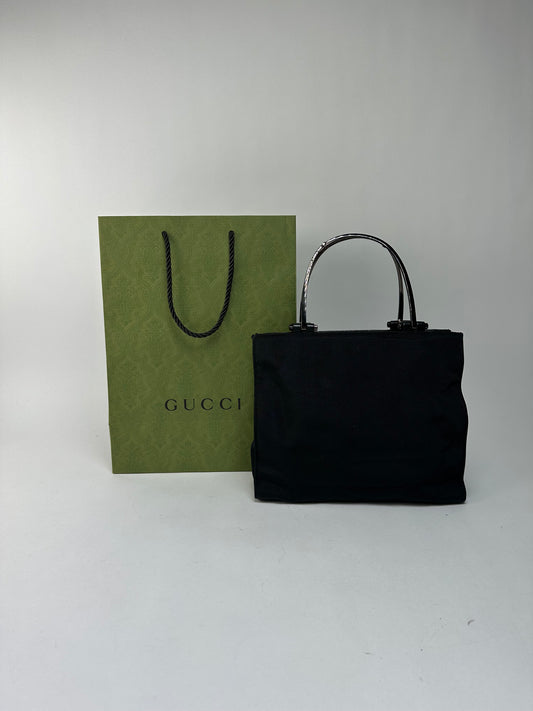 Vintage Gucci Structured Canvas Top-Handle Bag Black Silver