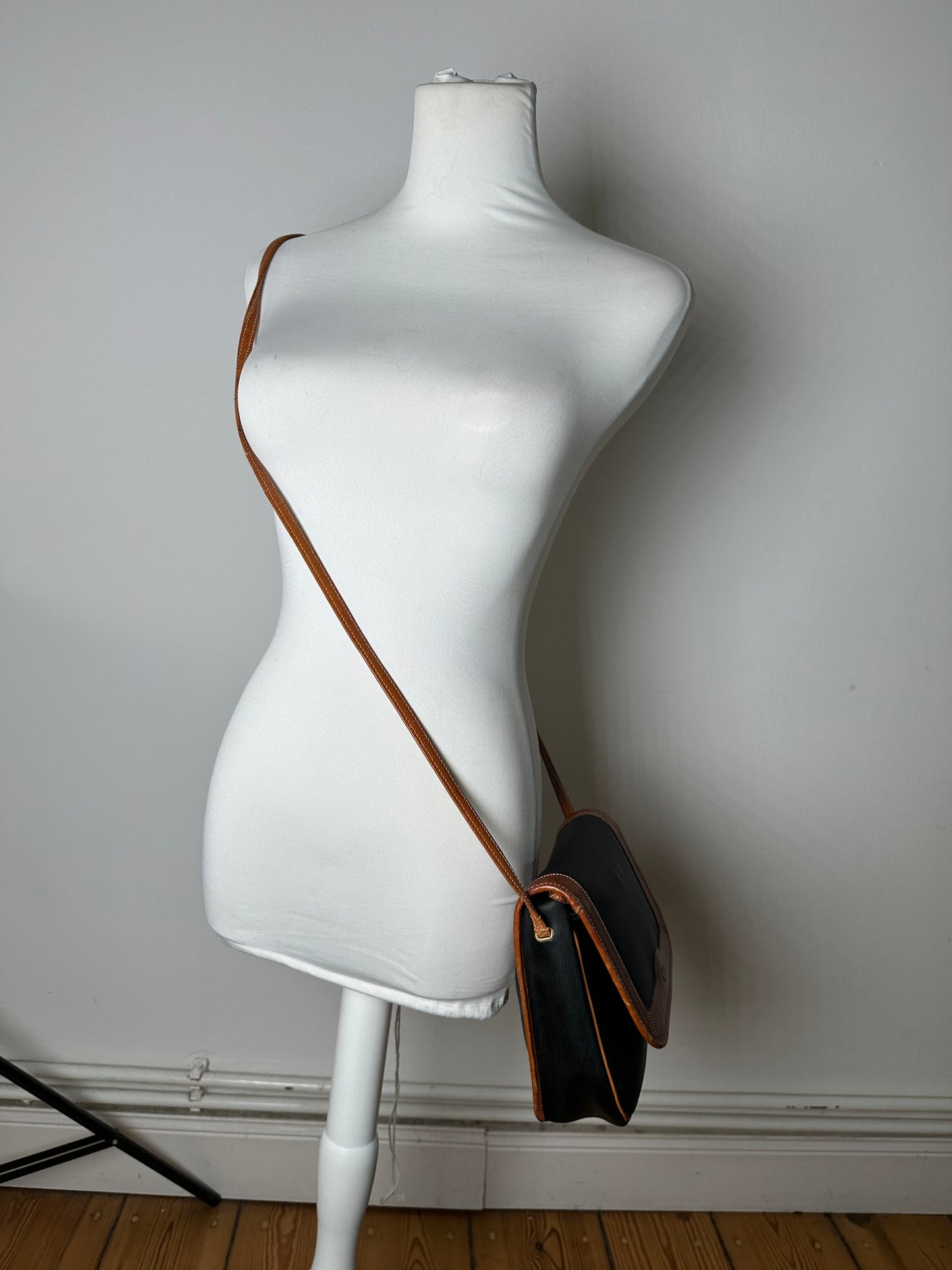 Vintage Dior Canvas Leather Shoulder Bag Black Tan