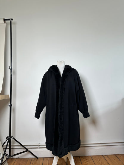 Vintage Yves Saint Laurent Wool Fur Trim Coat Black M