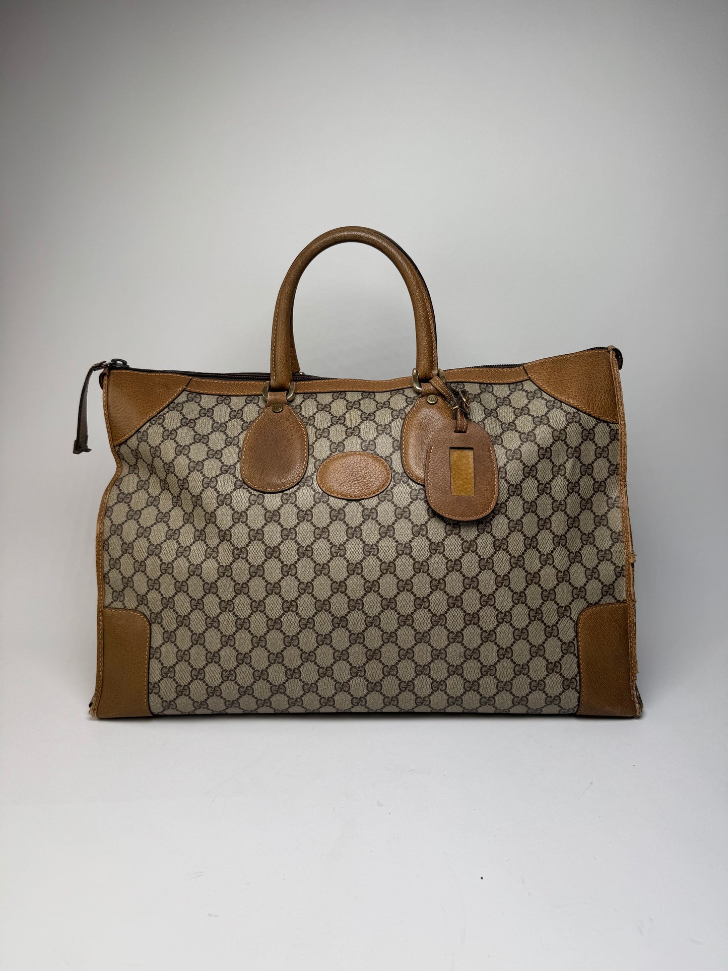 Vintage Gucci Monogram Leather Weekender Grey Brown