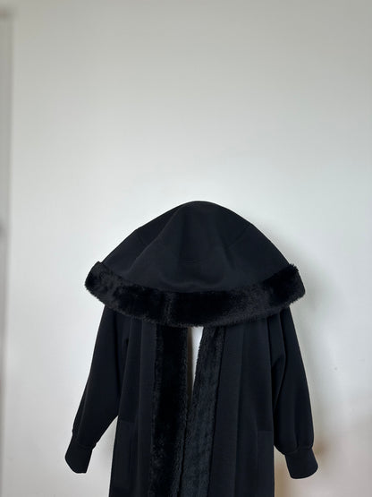 Vintage Yves Saint Laurent Wool Fur Trim Coat Black M