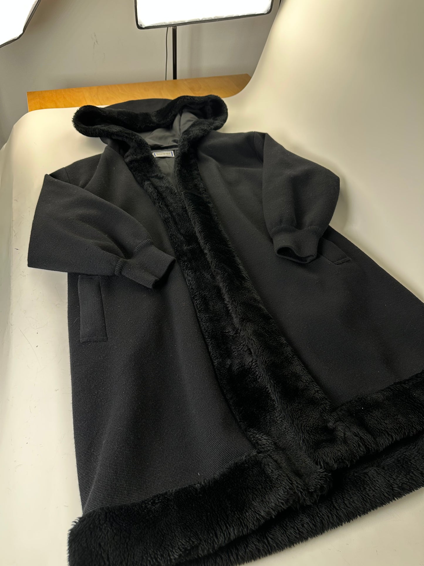 Vintage Yves Saint Laurent Wool Fur Trim Coat Black M