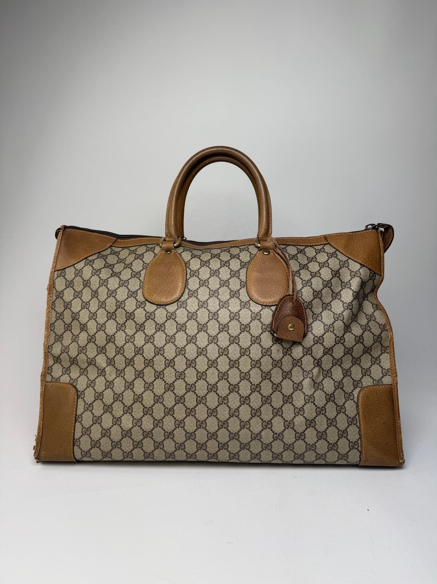 Vintage Gucci Monogram Leather Weekender Grey Brown