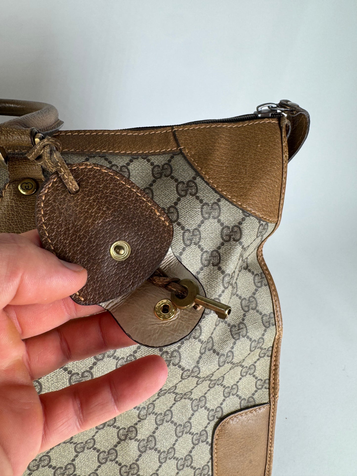 Vintage Gucci Monogram Leather Weekender Grey Brown