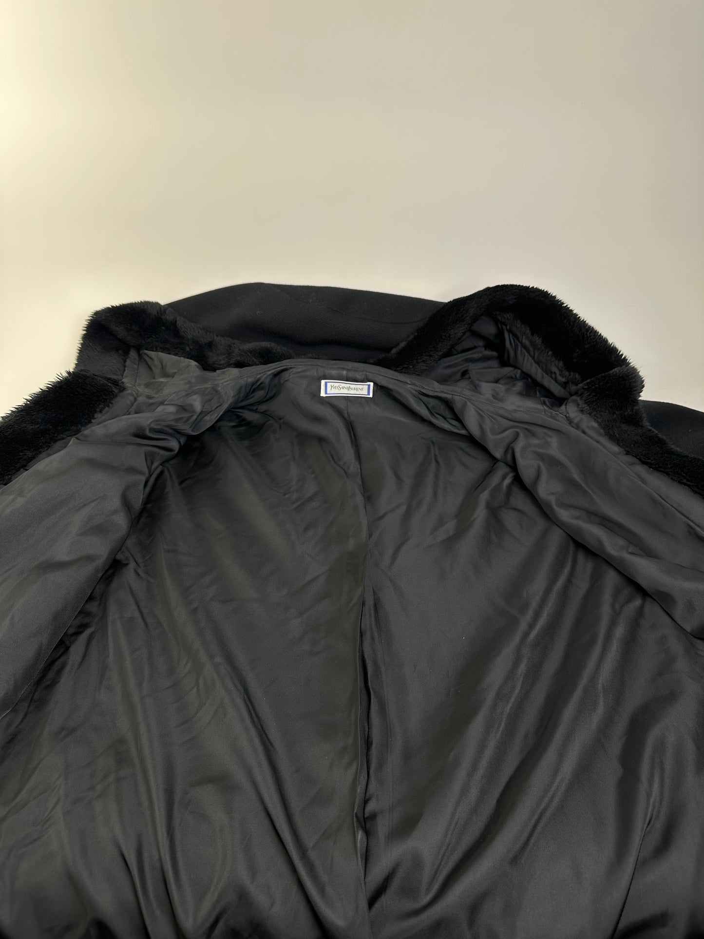 Vintage Yves Saint Laurent Wool Fur Trim Coat Black M