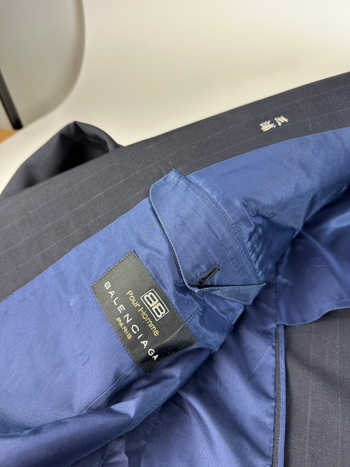 Vintage Balenciaga Pinstripe Wool Suit Navy Early 2000s